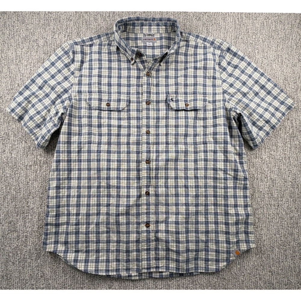 VTG Carhartt Button Down Shirt Mens 2XL Blue Plaid Short Sleeve Relaxed Fit - Picture 1 of 8